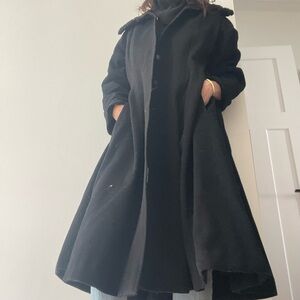 Long Black Flared Trench Coat with Button Front